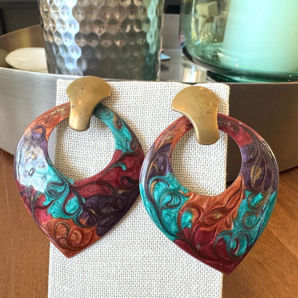 Vintage Brass Enamel Abstract Earrings